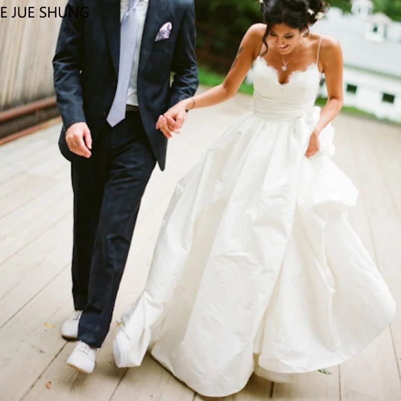 E JUE SHUNG, Белые кружевные аппликации, свадебные платья с V-образным вырезом, бретельки-спагетти, свадебные платья в стиле бохо из тафты, Robe De Mariage