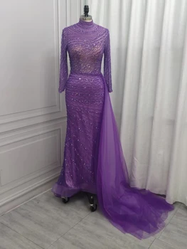 Вечерние платья с длинным рукавом и высоким ожерельем, фиолетовые Длинные роскошные вечерние платья, Элегантные вечерние платья для женщин 2023 Bu10028