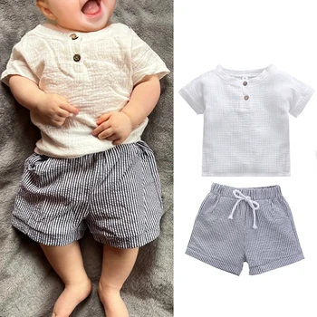 Короткие комплекты детской одежды для малышей, летняя мягкая хлопковая футболка с короткими рукавами для маленьких мальчиков, полосатые шорты, детская одежда, костюмы