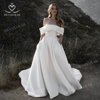 Свадебное платье SwanSarah с открытыми плечами 2023, атласное платье с бантиками и карманами, платье невесты со шлейфом трапециевидной формы, M144 Vestido De Novia