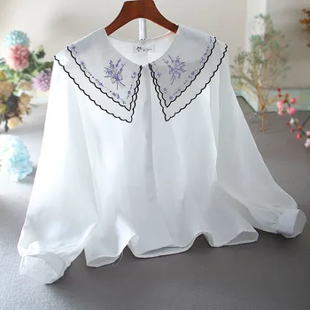 Женская весенне-летняя белая рубашка с винтажной вышивкой, женская винтажная Свободная повседневная хлопчатобумажная рубашка большого размера, блузка TB782