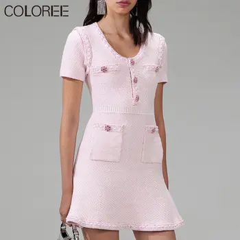 Розово-Бежевое Вязаное Платье-Свитер Женское 2023 Корейская Модная Летняя Одежда Vestidos De Mujer Casual Baratos