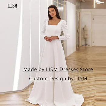 LISM, Белое свадебное платье принцессы трапециевидной формы с квадратным вырезом, длинные рукава, Придворный шлейф, Свадебные платья для выпускного вечера, Вечерние платья для вечеринок