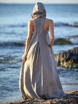TEELYNN Beach Wear, длинное платье без рукавов для женщин, повседневные летние платья оверсайз с капюшоном 2022, винтажные свободные платья с глубоким V-образным вырезом