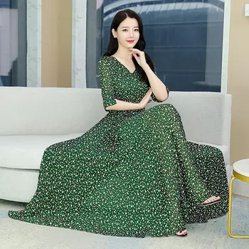 Зеленое летнее платье в горошек, женское платье 2023 года, новое модное шифоновое длинное платье с V-образным вырезом, модная элегантная пляжная одежда Z873