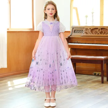 Вечерние платья Для девочек от 5 до 12 лет Фиолетовое Длинное платье с блестками 2023, Летнее Милое Детское платье с пышными рукавами