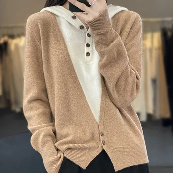 Осенне-зимний женский свитер из 100% тонкой шерсти, Новый свитер с капюшоном, пуловер-двойка в тон, повседневный вязаный низ, топы