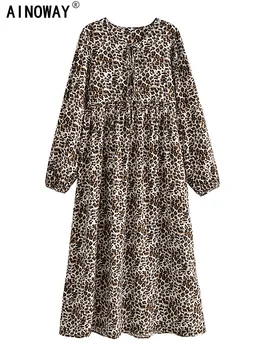 Мода Бохо 2021, Женское Пляжное Богемное платье Макси с длинным рукавом и Леопардовым принтом, летние платья из вискозы и хлопка с завязками на шее