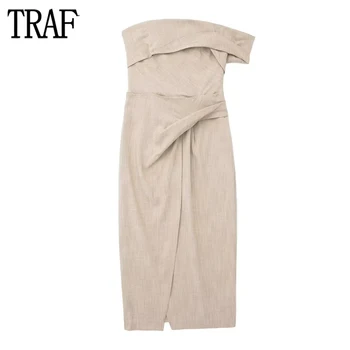 Женское асимметричное платье миди от TRAF, платье-карандаш с открытыми плечами, женские вечерние платья с рюшами и открытой спиной, сексуальные летние платья