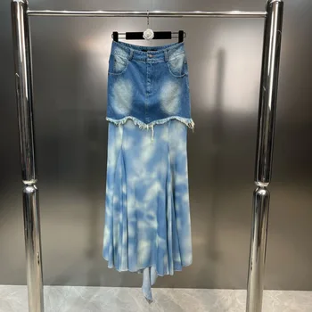 PREPOMP 2023, Новая летняя коллекция, винтажная синяя сетка для окрашивания галстуков, тонкая Длинная юбка в стиле пэчворк, женская GK518