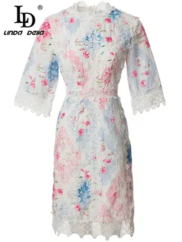 LD LINDA DELLA 2023 Новое дизайнерское Летнее женское мини-платье с коротким рукавом и цветочной вышивкой Праздничное Элегантное короткое платье