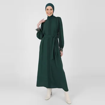 Атласное однотонное мусульманское платье, модный сарафан на шнуровке, платья с круглым вырезом и длинным рукавом, праздничный халат длиной до пола, Исламская одежда