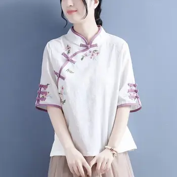 Летняя футболка с вышивкой в китайском стиле, женское хлопковое льняное чайное платье с воротником-стойкой, синие, розовые, белые винтажные рубашки для женщин