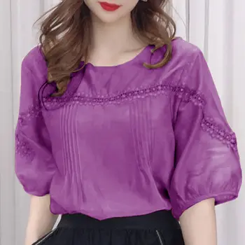 Рубашки для женщин 2023, Летний новый стиль, кружевное лоскутное шитье, свободный корейский вырез с пышными рукавами, хлопковые топы из ледяного шелка с коротким рукавом