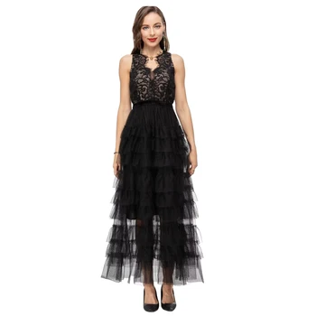 Многослойное вечернее платье из черной сетки в стиле пэчворк без рукавов с V-образным вырезом и длиной до пола