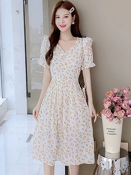 2023 Модное Шифоновое платье Миди с V-образным вырезом и пышными рукавами в цветочек, Женское Корейское Элегантное Облегающее домашнее платье, Летнее Шикарное Роскошное вечернее платье