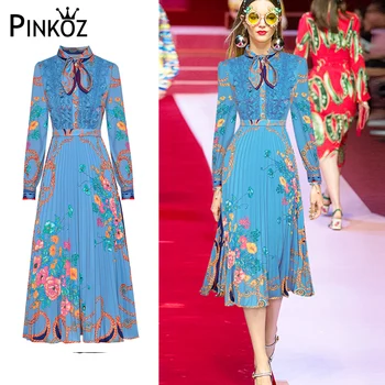 Дизайнерская одежда для подиума Pinkoz для женщин, стильное сине-розовое женское гладкое плиссированное платье миди с цветочным принтом, кружевной праздничный халат в стиле пэчворк, большой размер