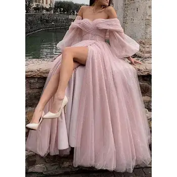 Элегантное вечернее платье из розового блестящего тюля с длинными рукавами в виде сердечка, сшитое на заказ бальное платье, платья для выпускного вечера, vestidos de graduación