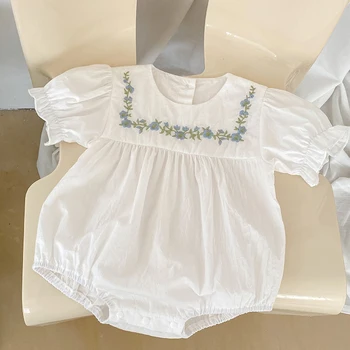 Комбинезон Для новорожденных девочек из хлопка с короткими рукавами и цветочной вышивкой, боди для маленьких девочек, одежда для маленьких девочек на лето