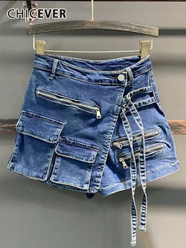 Женские асимметричные джинсовые шорты CHICEVER на одной пуговице, с высокой талией, на молнии, для похудения, широкие брюки, женская летняя новинка