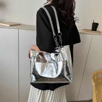 Повседневные сумки для женщин 2023 Новые сумки через плечо большой емкости, текстурные яркие сумки-тоут из искусственной кожи, элегантные сумки на цепочке