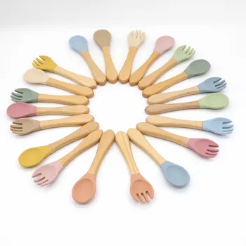 Посуда для кормления ребенка, Ложка-вилка с пищевой деревянной ручкой, Детская Посуда, Набор вилок-ложек для обучения детскому Питанию