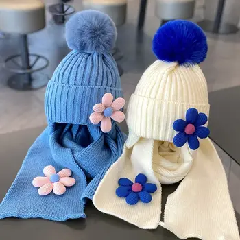 Милая детская шапка с цветочным рисунком, Зимние Мягкие теплые вязаные шапки для девочек, Шапочка, Однотонная шапочка для малышей, капор, детские шапочки 1-5 лет