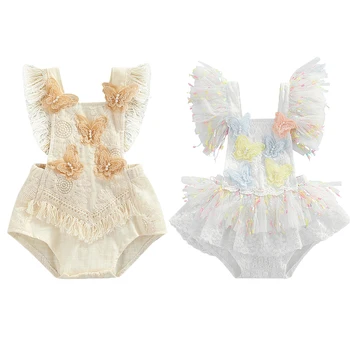 Элегантные комбинезоны с кисточками для маленьких девочек, Летние комбинезоны для новорожденных девочек с крючком, 3D Бабочки, Жемчужные ползунки, Комбинезоны, Одежда