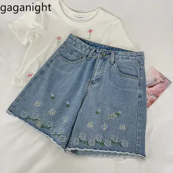 Шикарные джинсовые шорты Gaganight с цветочной вышивкой, новинка весны 2023, Корейские шикарные женские Универсальные Свободные узкие брюки с широкими штанинами