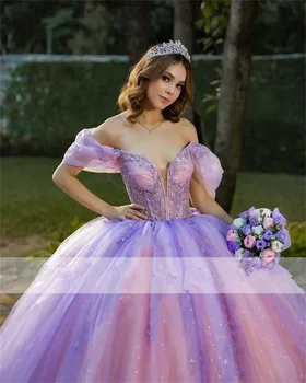 2023 Бальное платье принцессы лавандового цвета Пышные платья с открытыми плечами Аппликации Crystal Sweet 15 выпускных платьев