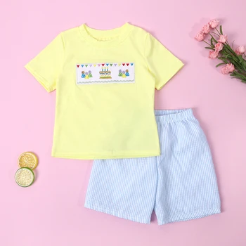 Летний детский наряд, одежда для мальчиков с вышивкой на День рождения, ярко-желтые хлопковые клетчатые штаны с коротким рукавом, бутик-детский комплект
