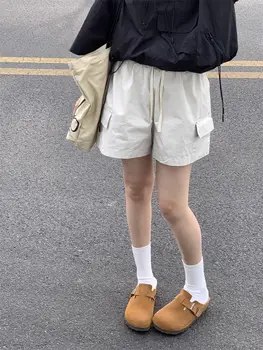 Женские шорты-карго HOUZHOU в винтажном японском стиле, повседневные мешковатые Черно-белые короткие брюки с высокой талией, короткая женская летняя уличная одежда