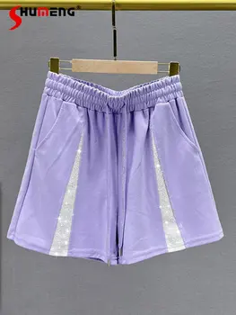 Модные летние женские фиолетовые шорты со стразами 2023, новые повседневные свободные утягивающие шорты с высокой талией, стразы, широкие брюки-хот-парад