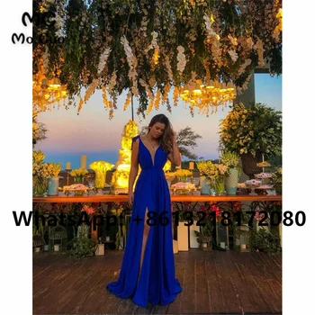 2021 Royer Синие вечерние платья, платье для выпускного вечера, Длинное Шифоновое платье с глубоким V-образным вырезом и разрезом спереди для женщин