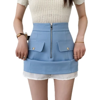 Женские шорты С летним карманом, повседневная юбка на молнии с высокой талией, Официальная офисная синяя летняя хакама, дышащая Корейская версия уличной одежды