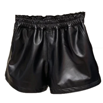 Шорты женские модные 2020 эластичные с высокой талией из черной натуральной кожи короткие женские повседневные короткие брюки женские высокого качества