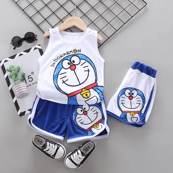 Комплекты Летней одежды для маленьких Мальчиков, Хлопковая футболка Без рукавов с героями мультфильмов Doraemon, Жилет + Шорты, Костюмы из 2 предметов , Одежда для Малышей