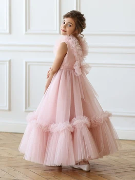 Розовое платье принцессы, Элегантное платье для девочек, платье для девочек в цветочек, тюлевое пышное платье для свадебной вечеринки, платье для девочек, платье для дня рождения ребенка
