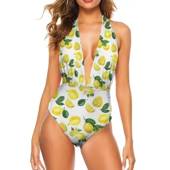 Купальник с желто-лимонным принтом, женские купальники с акварельным фруктовым рисунком, модные купальники Пуш-ап, сексуальная пляжная одежда с высоким вырезом и графическим рисунком