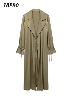 Длинный женский тренч со складками и шнуровкой с длинным рукавом, однотонное свободное пальто с разрезом, весенне-летняя модная повседневная уличная одежда