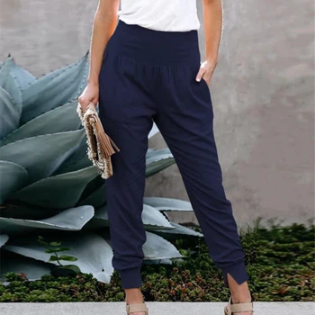 Летние Повседневные укороченные брюки с эластичной резинкой на талии для женщин, офисные женские Однотонные узкие брюки с карманом, Уличная одежда Pantalon Femme 25779