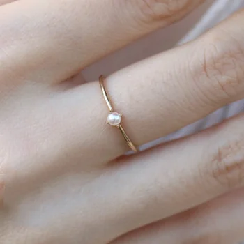 Мини-тонкое кольцо с имитацией жемчуга для женщин, Минималистичное Изящное кольцо на тонкий палец, Аксессуары, Ювелирные изделия золотого цвета, Подарок для девочек