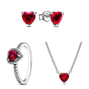 Оригинальные моменты, серьги-кольца с красным сердечком и кристаллами для женщин, свадебный подарок из стерлингового серебра 925 пробы, модные ювелирные изделия