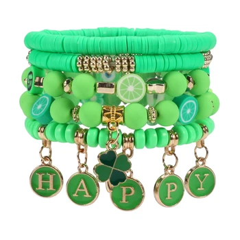 Браслеты на День Святого Патрика для женщин, Растягивающийся Наращиваемый браслет из зеленых бусин с трилистниками и счастливыми буквами