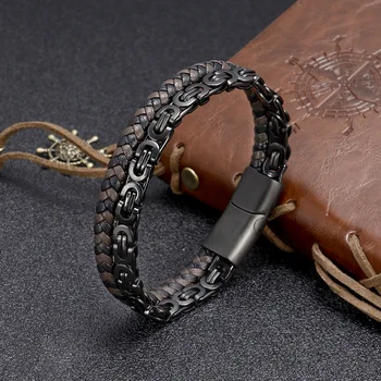 Мужской браслет с магнитной застежкой из нержавеющей стали, двойной кожаный браслет с толстой цепочкой, мужской браслет в стиле хип-хоп, подарок