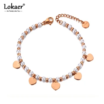 Lokaer Новые браслеты с подвесками из нержавеющей стали с имитацией жемчужного сердца для женщин и девочек Bohemia CZ Crystal Chain & Link Bracelet B20092