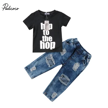 Pudcoco, милый костюм для новорожденных, одежда для малышей, футболка с надписью, топы с короткими рукавами, джинсовые брюки с дырками, Комплект одежды