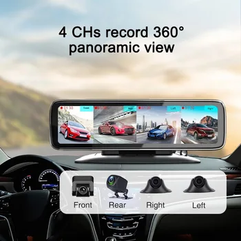 Регистратор DVR 12 ”4 Камеры Ночного Видения Автомобильный Видеомагнитофон FHD 2k Сенсорный Экран 4-Экранный дисплей 360 ° Панорамная Приборная Панель Автомобиля