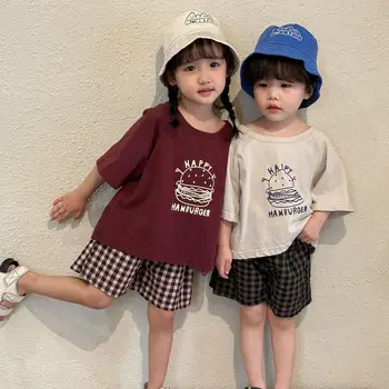 Удобный модный высококачественный комплект для девочек, милая футболка, детская футболка с буквенным принтом + клетчатые хлопковые свободные шорты, костюм для мальчиков
