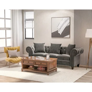Раскладной подлокотник для 3-местного дивана Classic - Серый, 3-местный диван, комплект диванов Chesterfield, обитый хохлатым бархатом с низкой спинкой, Диванный диванчик